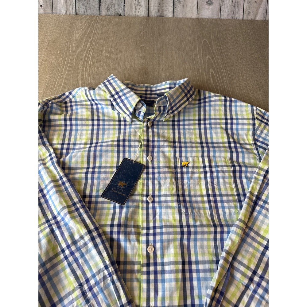Jack Nicklaus Mens XL Blue Lime Green Plaid Button Down Shirt JNWS7009ST New